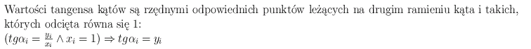 Wartości tangensa kątów są rzędnymi odpowiednich punktów leżących na drugim ramieniu kąta i takich, których odcięta równa się 1.
